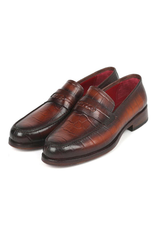 Paul Parkman 3857-BRW Brown Crocodile Embossed Leather Penny Loafers (PM6336)