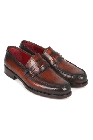 Paul Parkman 3857-BRW Brown Crocodile Embossed Leather Penny Loafers (PM6336)