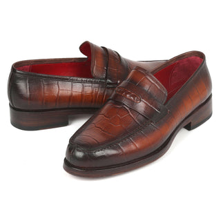 Paul Parkman 3857-BRW Men's Shoes Brown Crocodile Print Leather Penny Loafers (PM6336)-AmbrogioShoes