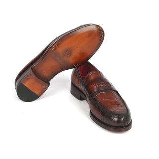 Paul Parkman 3857-BRW Men's Shoes Brown Crocodile Print Leather Penny Loafers (PM6336)-AmbrogioShoes