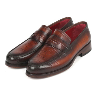 Paul Parkman 3857-BRW Men's Shoes Brown Crocodile Print Leather Penny Loafers (PM6336)-AmbrogioShoes