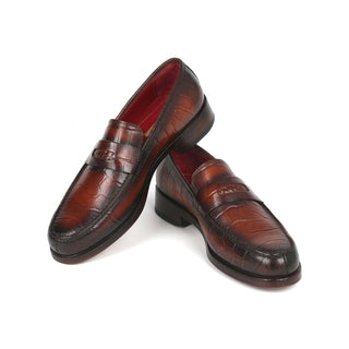 Paul Parkman 3857-BRW Men's Shoes Brown Crocodile Print Leather Penny Loafers (PM6336)-AmbrogioShoes
