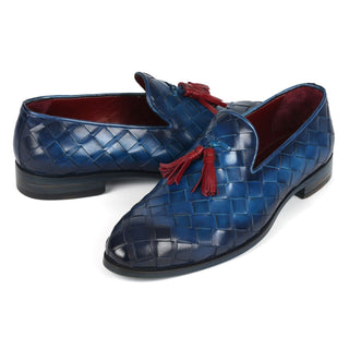 Paul Parkman 6623-BLU Men's Shoes Blue Big Braided Woven Leather Tassel Loafers (PM6377)-AmbrogioShoes