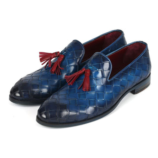 Paul Parkman 6623-BLU Men's Shoes Blue Big Braided Woven Leather Tassel Loafers (PM6377)-AmbrogioShoes