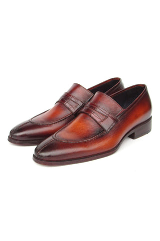 Paul Parkman 694TB25 Men's Handmade Shoes Brown Hand-Painted Leather Split To Penny Loafers (PM6396)