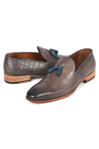 Paul Parkman 745GRY96 Gray Crocodile Embossed Leather Tassels Loafers (PM6332)