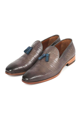Paul Parkman 745GRY96 Gray Crocodile Embossed Leather Tassels Loafers (PM6332)