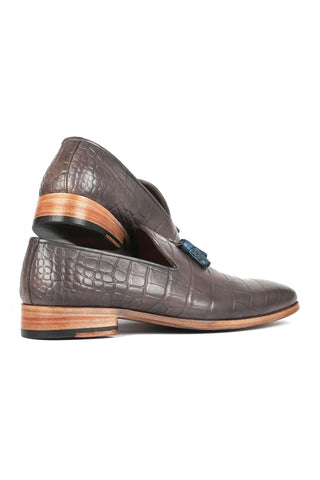 Paul Parkman 745GRY96 Men's Handmade Shoes Gray Crocodile Embossed Leather Tassels Loafers (PM6332)