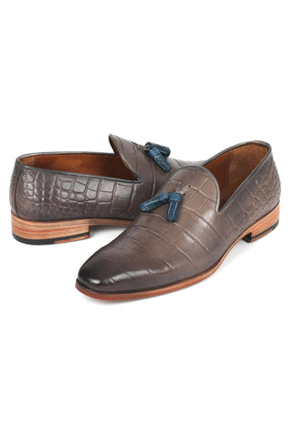 Paul Parkman 745GRY96 Men's Handmade Shoes Gray Crocodile Embossed Leather Tassels Loafers (PM6332)