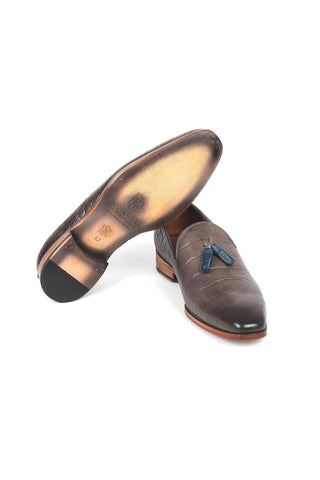 Paul Parkman 745GRY96 Men's Handmade Shoes Gray Crocodile Embossed Leather Tassels Loafers (PM6332)