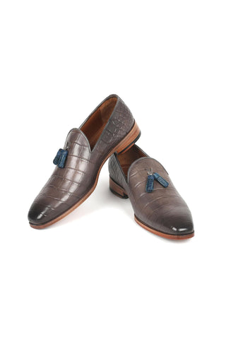 Paul Parkman 745GRY96 Men's Handmade Shoes Gray Crocodile Embossed Leather Tassels Loafers (PM6332)