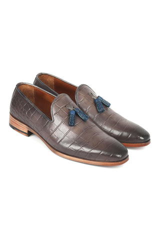 Paul Parkman 745GRY96 Men's Handmade Shoes Gray Crocodile Embossed Leather Tassels Loafers (PM6332)