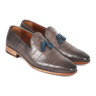 Paul Parkman 745GRY96 Men's Shoes Gray Crocodile Print Leather Dress Tassels Loafers (PM6332)-AmbrogioShoes