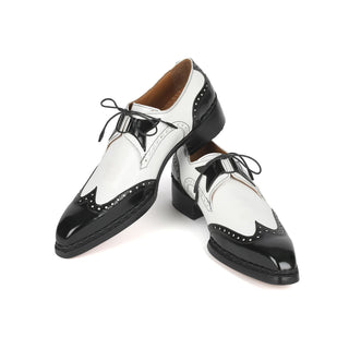 Paul Parkman 8505-BNW Men's Shoes Black & White Calf-Skin Leather Norwegian Welted Dress Wingtip Oxfords (PM6380)-AmbrogioShoes