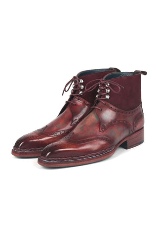 Paul Parkman 8509-BUR Burgundy Suede / Leather Norwegian Welted Wingtip Boots (PM6348)