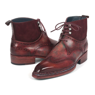 Paul Parkman 8509-BUR Men's Shoes Burgundy Suede / Calf-Skin Leather Norwegian Welted Wingtip Boots (PM6348)-AmbrogioShoes