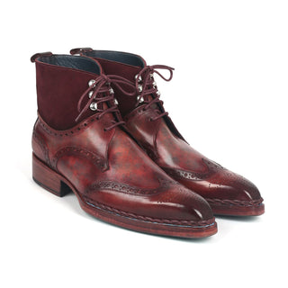 Paul Parkman 8509-BUR Men's Shoes Burgundy Suede / Calf-Skin Leather Norwegian Welted Wingtip Boots (PM6348)-AmbrogioShoes