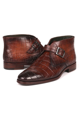 Paul Parkman 8638-BRW Brown Crocodile Embossed / Calf-Skin Leather Monk-Strap Ankle Boots(PM6254)
