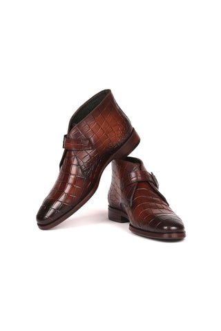 Paul Parkman 8638-BRW Brown Crocodile Embossed / Calf-Skin Leather Monk-Strap Ankle Boots(PM6254)