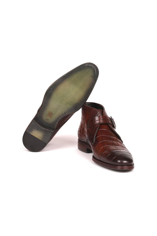 Paul Parkman 8638-BRW Brown Crocodile Embossed / Calf-Skin Leather Monk-Strap Ankle Boots(PM6254)