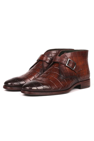 Paul Parkman 8638-BRW Brown Crocodile Embossed / Calf-Skin Leather Monk-Strap Ankle Boots(PM6254)