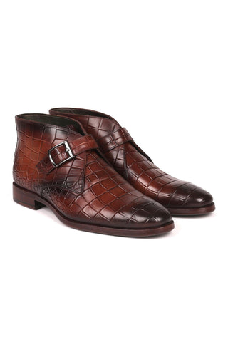 Paul Parkman 8638-BRW Brown Crocodile Embossed / Calf-Skin Leather Monk-Strap Ankle Boots(PM6254)