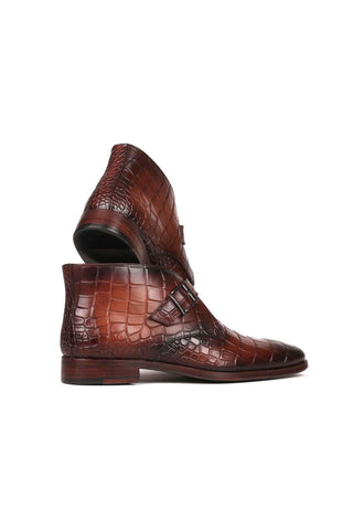 Paul Parkman 8638-BRW Brown Crocodile Embossed / Leather Monk-Strap Ankle Boots(PM6254)