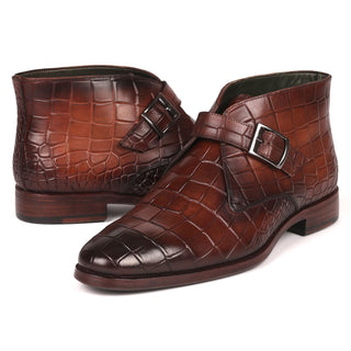 Paul Parkman 8638-BRW Men's Shoes Brown Crocodile Print / Calf-Skin Leather Monk-Strap Ankle Boots(PM6254)-AmbrogioShoes