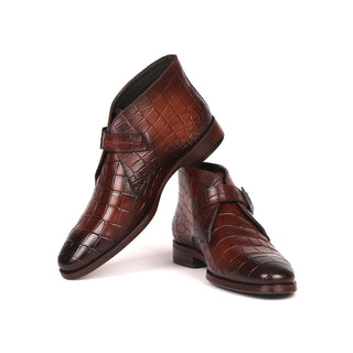 Paul Parkman 8638-BRW Men's Shoes Brown Crocodile Print / Calf-Skin Leather Monk-Strap Ankle Boots(PM6254)-AmbrogioShoes