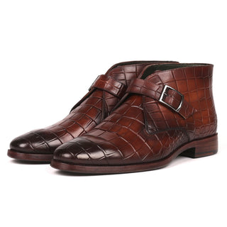 Paul Parkman 8638-BRW Men's Shoes Brown Crocodile Print / Calf-Skin Leather Monk-Strap Ankle Boots(PM6254)-AmbrogioShoes