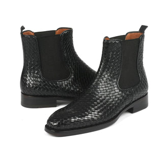 Paul Parkman 92WN87-BLK Men's Shoes Black Woven Leather Chelsea Boots (PM6346)-AmbrogioShoes