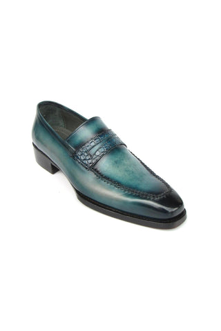 Paul Parkman 944-TRQ Men's Handmade Shoes Tuiquoise Crocodile Embossed / Patina Leather Penny Loafers (PM6413)