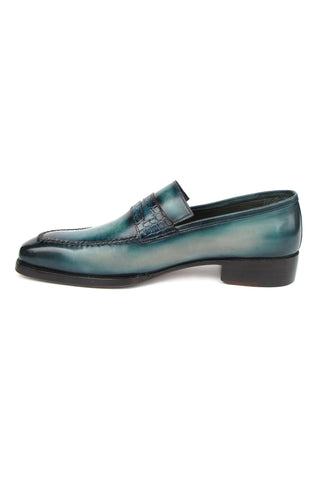 Paul Parkman 944-TRQ Men's Handmade Shoes Tuiquoise Crocodile Embossed / Patina Leather Penny Loafers (PM6413)