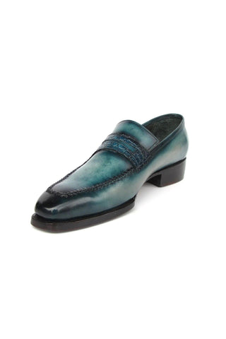 Paul Parkman 944-TRQ Men's Handmade Shoes Tuiquoise Crocodile Embossed / Patina Leather Penny Loafers (PM6413)