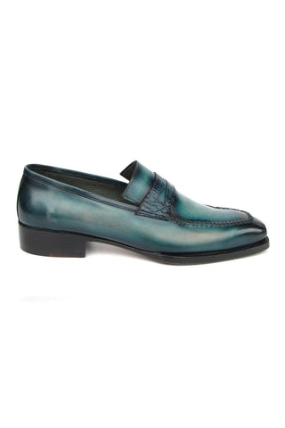 Paul Parkman 944-TRQ Men's Handmade Shoes Tuiquoise Crocodile Embossed / Patina Leather Penny Loafers (PM6413)