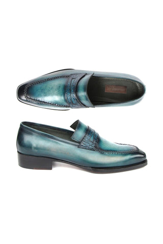Paul Parkman 944-TRQ Men's Handmade Shoes Tuiquoise Crocodile Embossed / Patina Leather Penny Loafers (PM6413)