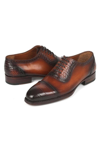Paul Parkman 9482-BRW Brown Crocodile Embossed / Leather Cap-Toe Oxfords (PM6331)