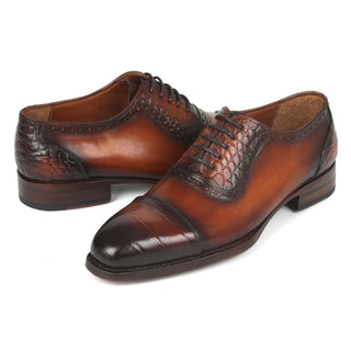 Paul Parkman 9482-BRW Men's Handmade Shoes Brown Crocodile Print / Calf-Skin Leather Cap-Toe Oxfords (PM6331)-AmbrogioShoes