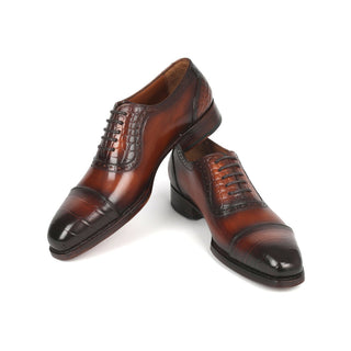 Paul Parkman 9482-BRW Men's Handmade Shoes Brown Crocodile Print / Calf-Skin Leather Cap-Toe Oxfords (PM6331)-AmbrogioShoes