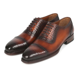 Paul Parkman 9482-BRW Men's Handmade Shoes Brown Crocodile Print / Calf-Skin Leather Cap-Toe Oxfords (PM6331)-AmbrogioShoes