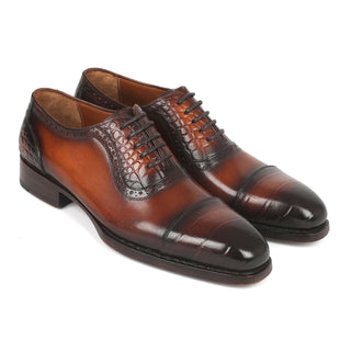 Paul Parkman 9482-BRW Men's Handmade Shoes Brown Crocodile Print / Calf-Skin Leather Cap-Toe Oxfords (PM6331)-AmbrogioShoes