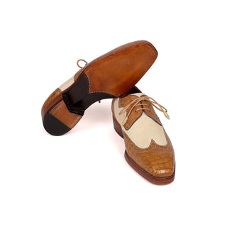 Paul Parkman 94BJ51 Men's Shoes Cognac & Beige Exotic Caiman Crocodile / Iguana-Skin Wing-tip Oxfords (PM6223)-AmbrogioShoes
