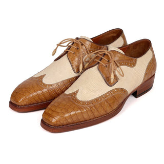Paul Parkman 94BJ51 Men's Shoes Cognac & Beige Exotic Caiman Crocodile / Iguana-Skin Wing-tip Oxfords (PM6223)-AmbrogioShoes