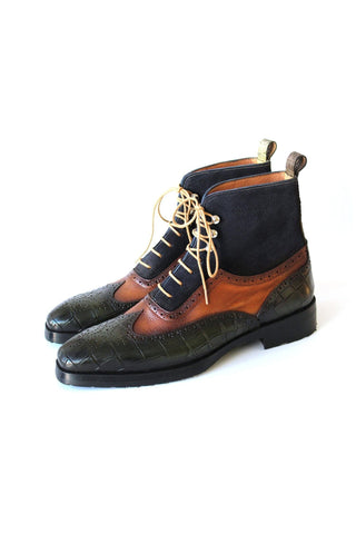 Paul Parkman 9735GBN Three-Tone Crocodile Embossed / Suede / Calf-Skin Leather Wing-tip Boots (PM6250)