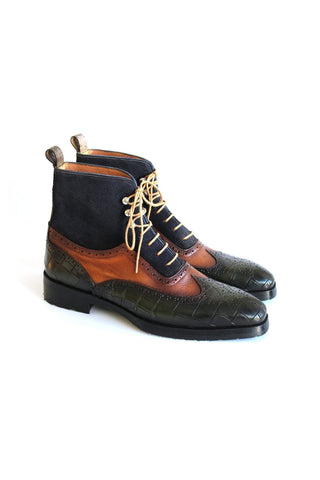 Paul Parkman 9735GBN Three-Tone Crocodile Embossed / Suede / Calf-Skin Leather Wing-tip Boots (PM6250)