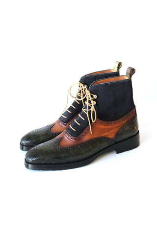 Paul Parkman 9735GBN Three-Tone Crocodile Embossed / Suede / Leather Wing-tip Boots (PM6250)