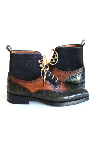 Paul Parkman 9735GBN Three-Tone Crocodile Embossed / Suede / Leather Wing-tip Boots (PM6250)