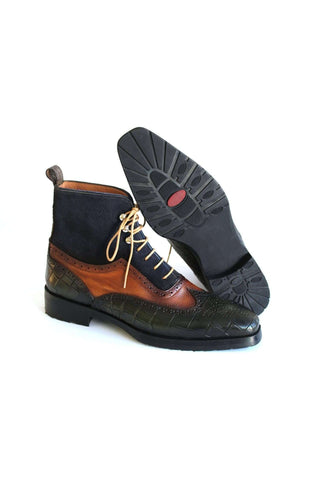 Paul Parkman 9735GBN Three-Tone Crocodile Embossed / Suede / Leather Wing-tip Boots (PM6250)
