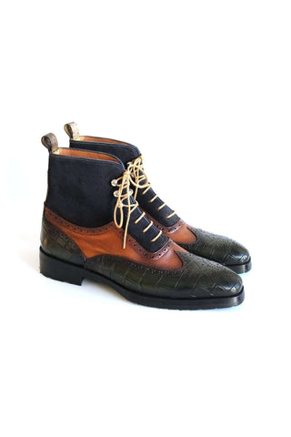 Paul Parkman 9735GBN Three-Tone Crocodile Embossed / Suede / Leather Wing-tip Boots (PM6250)