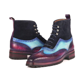 Paul Parkman 9736PTN Men's Handmade Shoes Three Tone Crocodile Print / Suede / Calf-Skin Leather Wing-Tip Boots(PM6260)-AmbrogioShoes